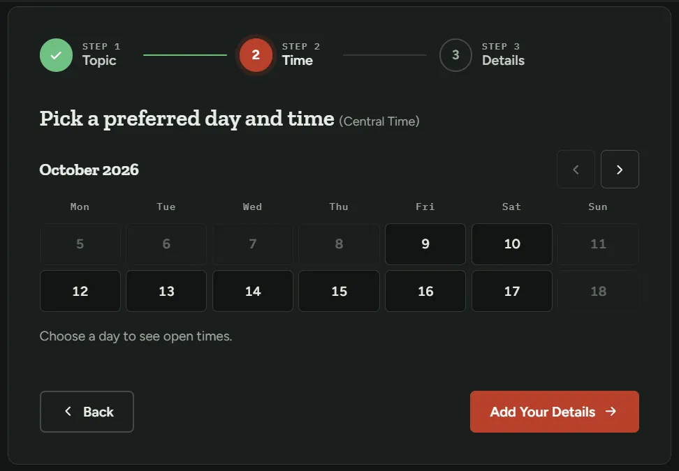 Screenshot of a three-step booking calendar on a contractor website