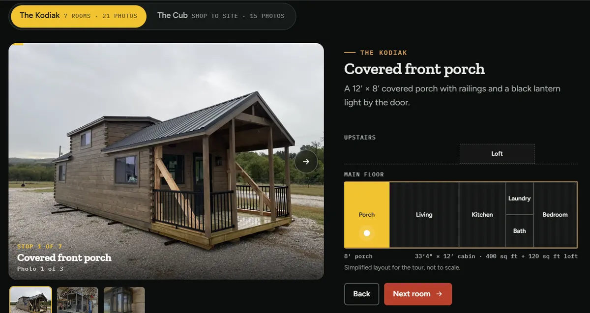 Screenshot of a cabin tour on the Premium Structures website, with real photos and a room-by-room floor plan