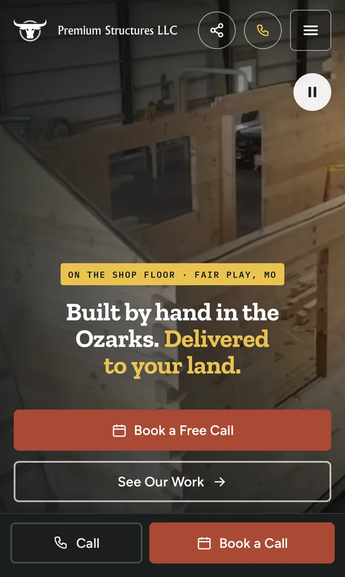 Screenshot of the Premium Structures website on a phone, with Book a Free Call, Call and Book a Call buttons on the first screen