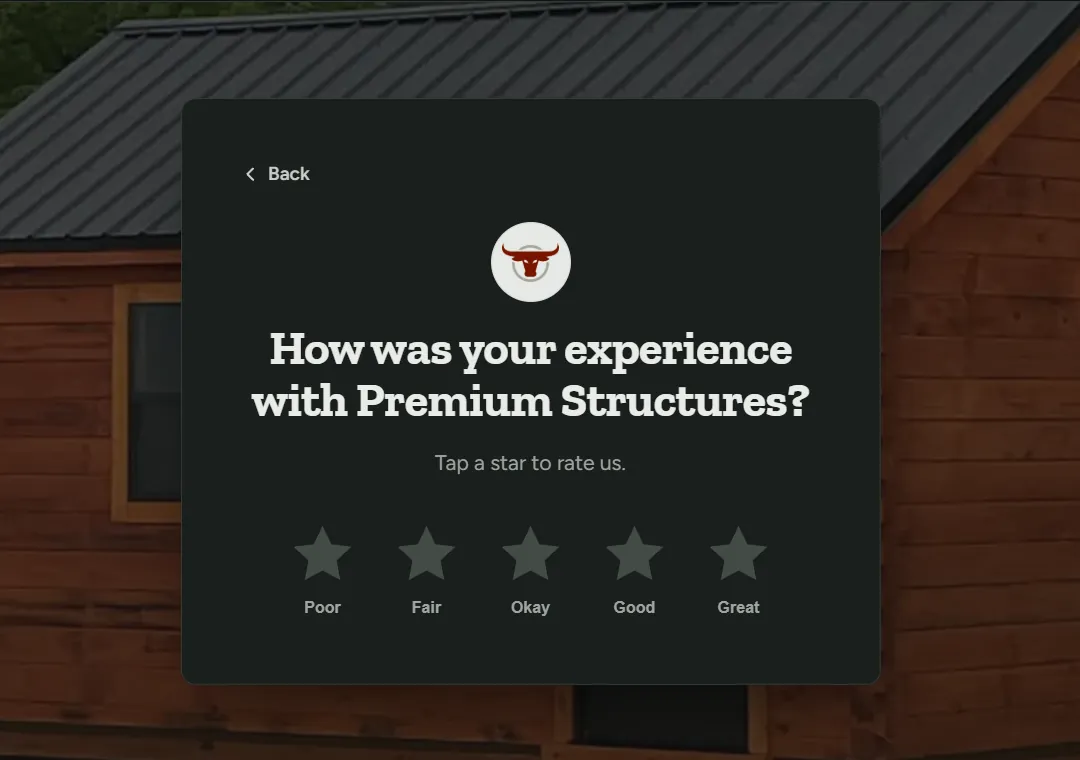 Screenshot of a review page asking customers to rate their experience with Premium Structures